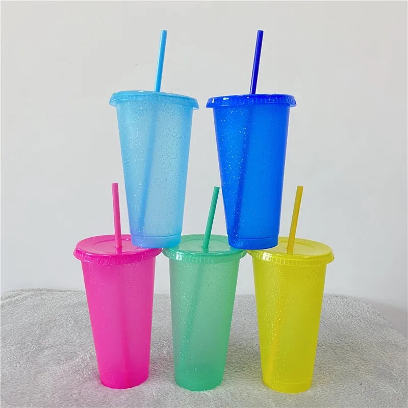 Glitter Plastic Cups with Straws and Lid,5 Packs 24 oz. Colorful